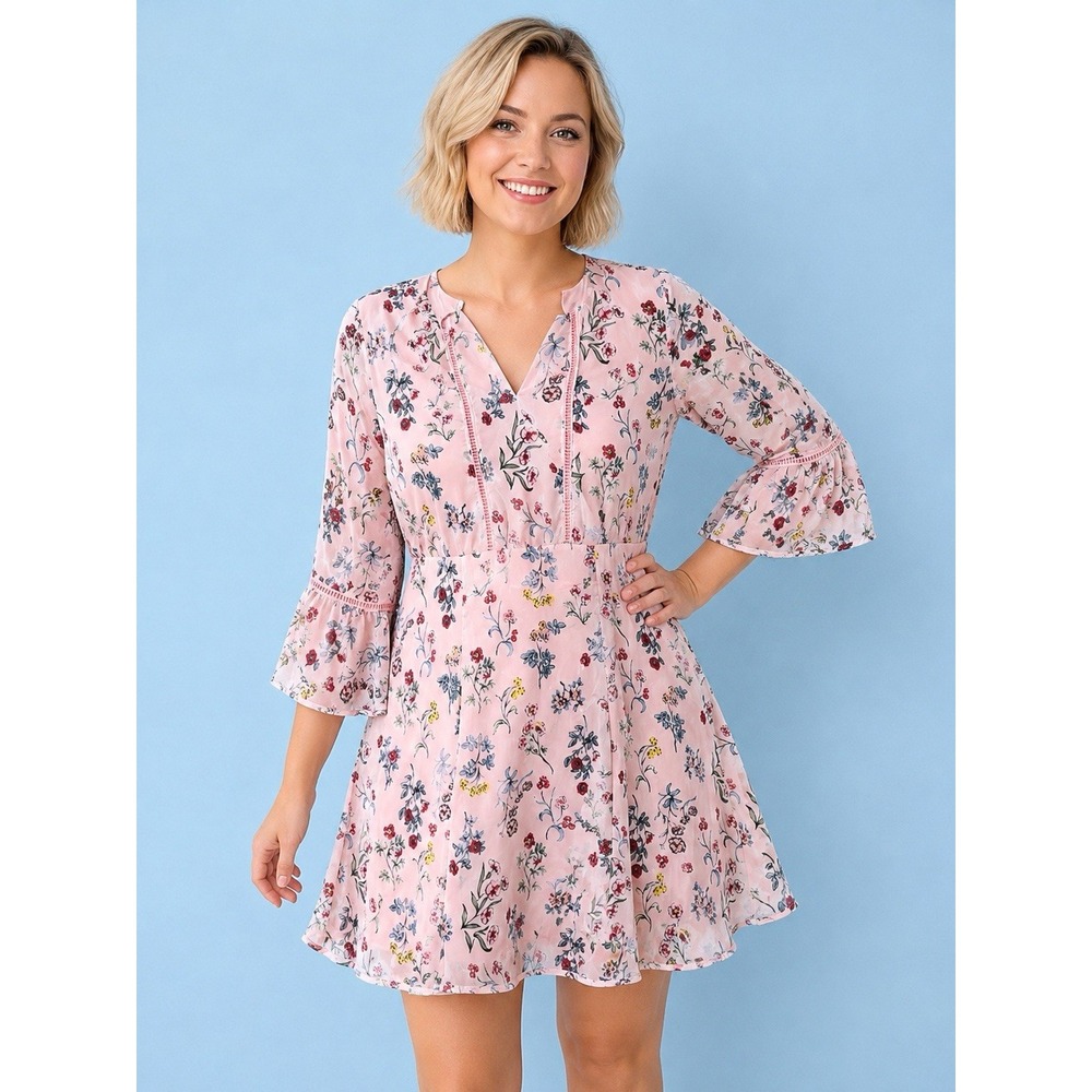 Disney Beauty And The Beast Pink Floral fit & Flare Dress 3/4 Flared Sleeve XL